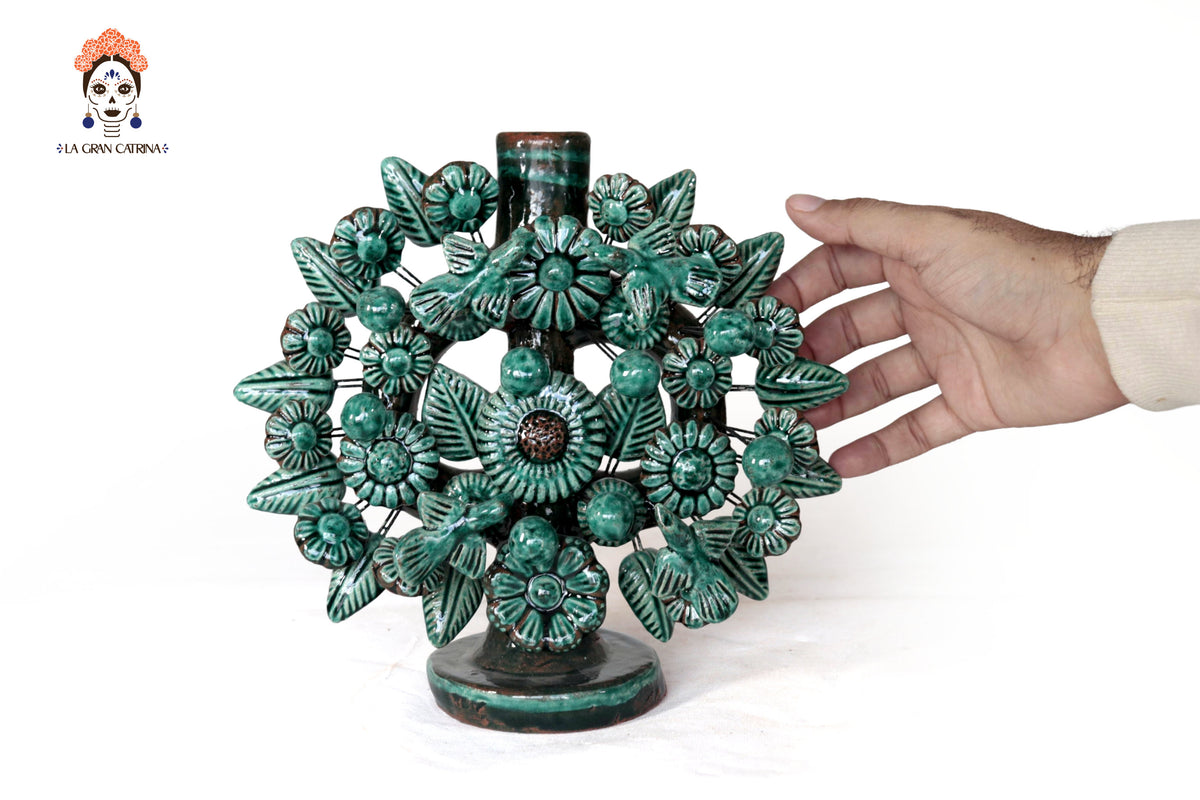 Candil verde de 1 velas - Barro vidriado - 22 cm. 8.6 in.