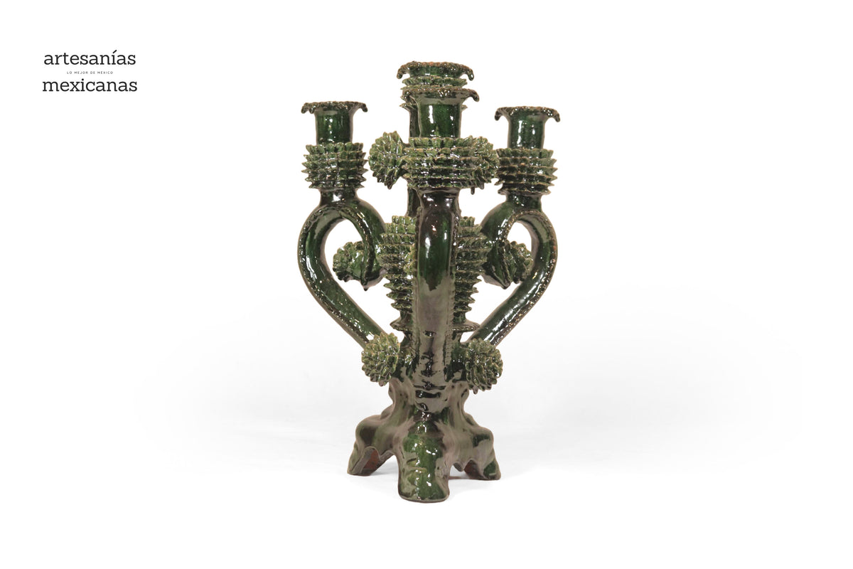 Candelero verde de 4 velas - Barro vidriado - 41 cm. 16 in.