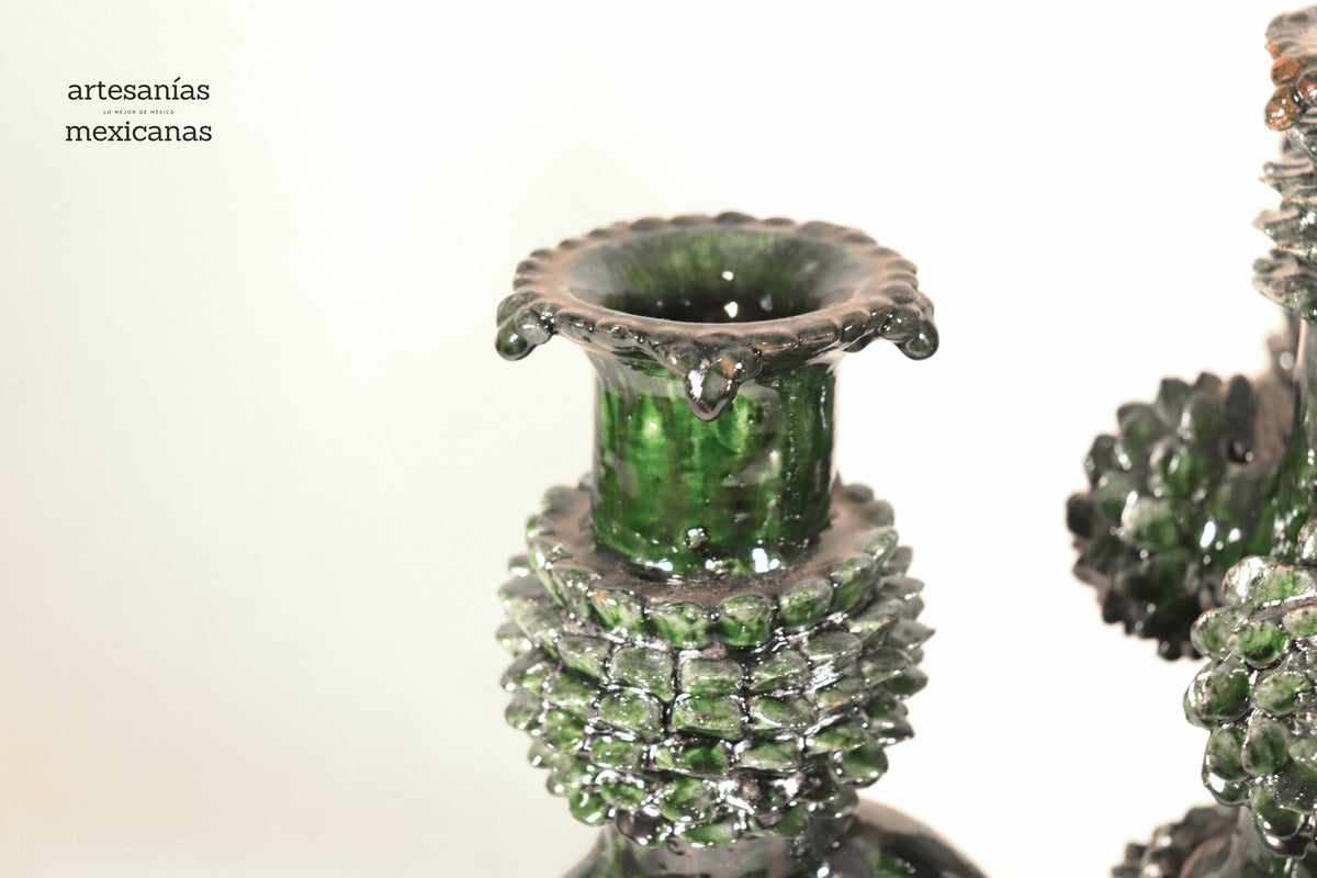 Candelero verde de 4 velas - Barro vidriado - 41 cm. 16 in.