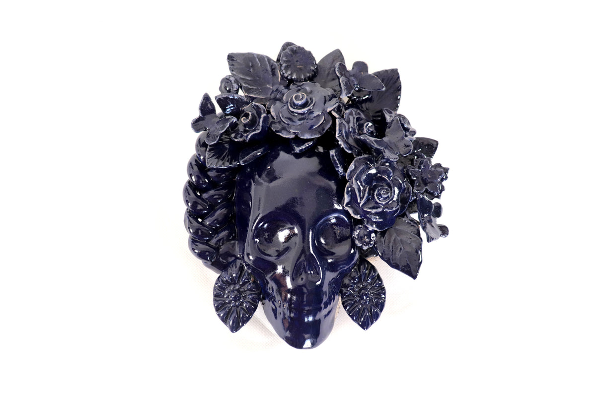 Calavera azul mediana de pared II - Barro vidriado - 19.5 cm. 7.6 in.