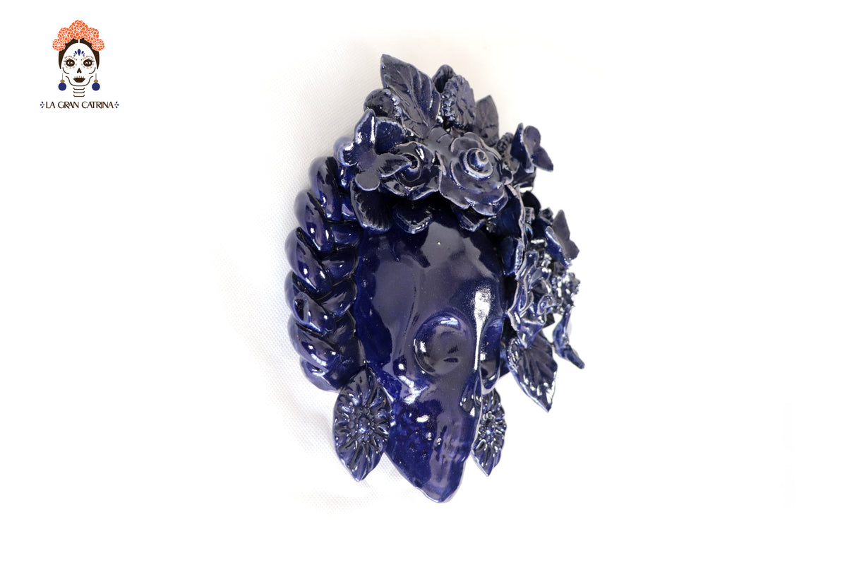 Calavera azul mediana de pared II - Barro vidriado - 19.5 cm. 7.6 in.