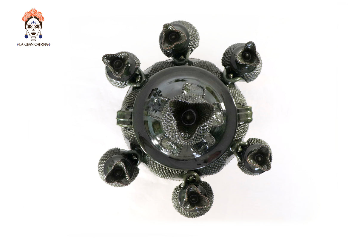 Ponchera de tejido verde con jarritos de barro - 38 cm. 14.9 in.