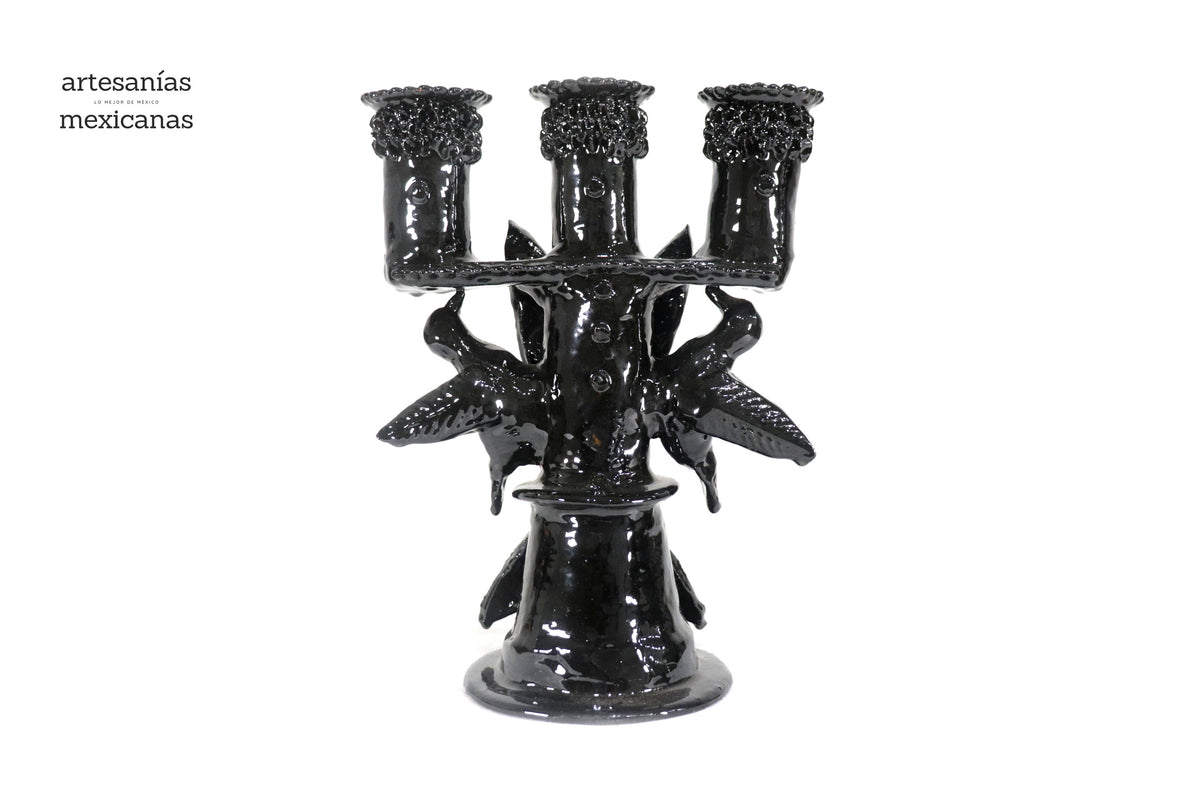 Candelero de 3 velas Negro - 28.5 cm. - Barro vidriado