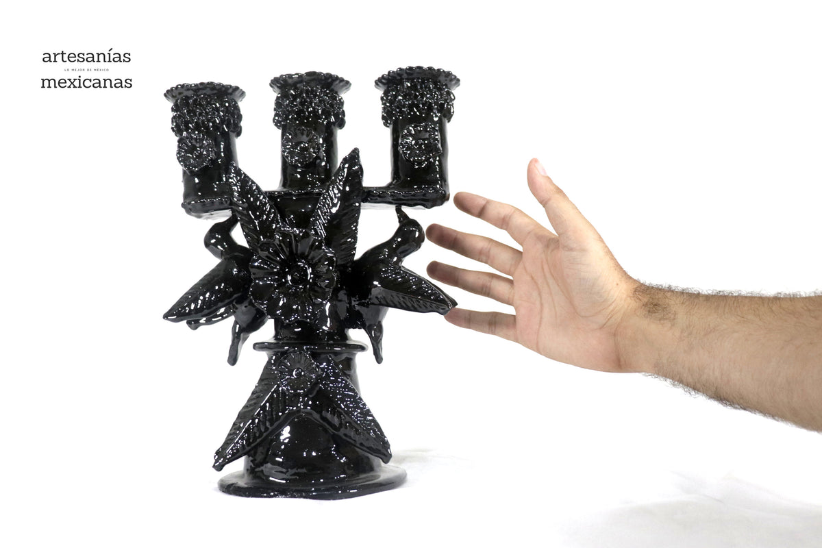 Candelero de 3 velas Negro - 28.5 cm. - Barro vidriado
