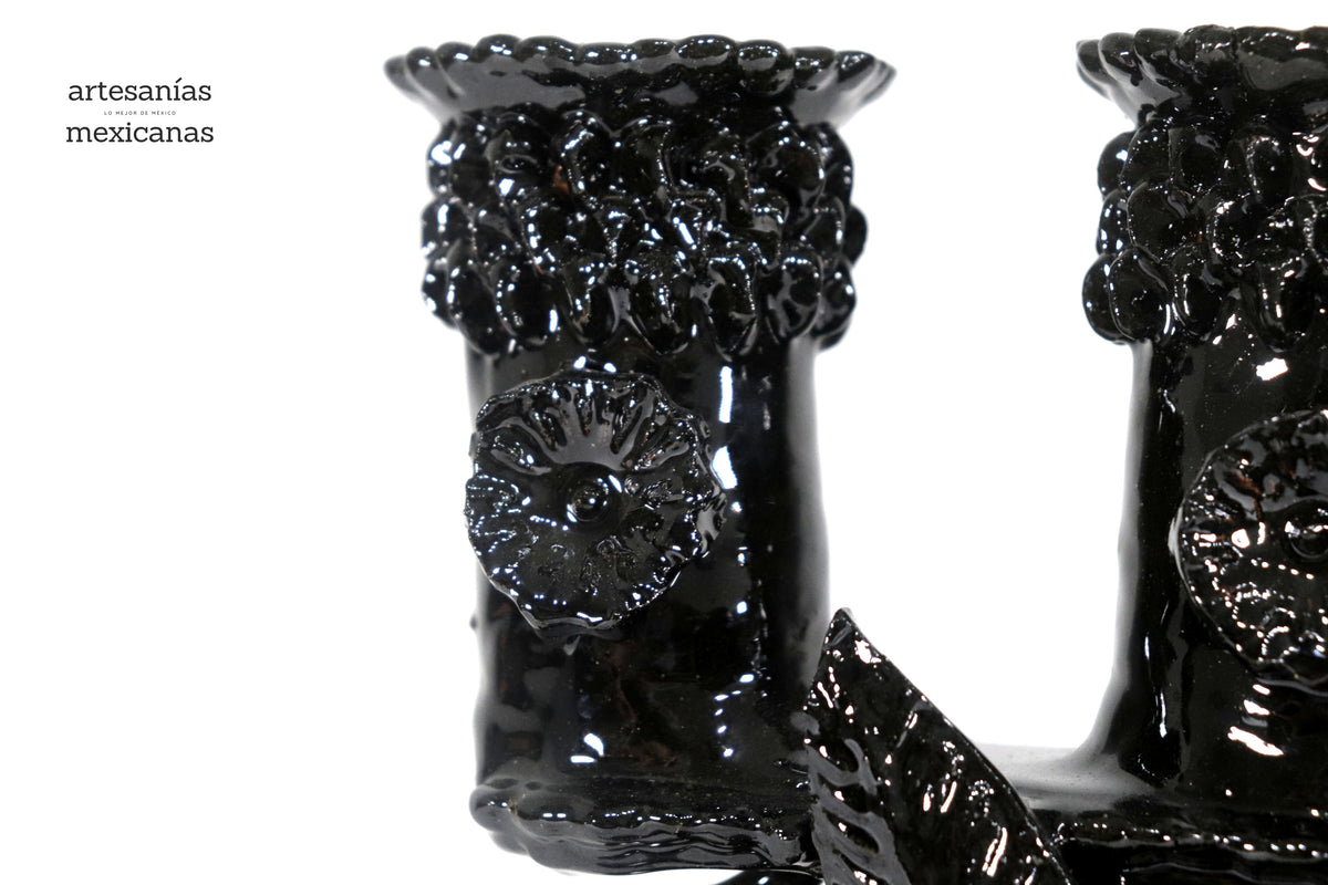 Candelero de 3 velas Negro - 28.5 cm. - Barro vidriado