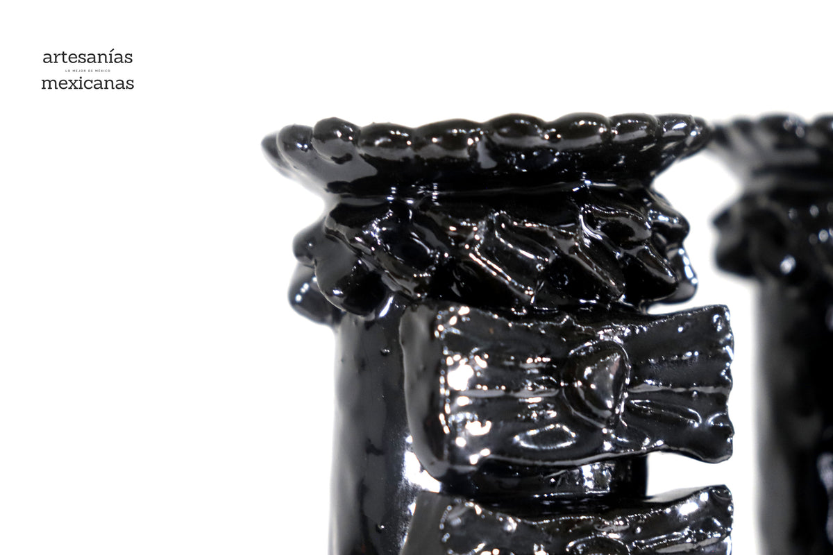 Candelero de 3 velas corazón Negro - 35 cm. - Barro vidriado