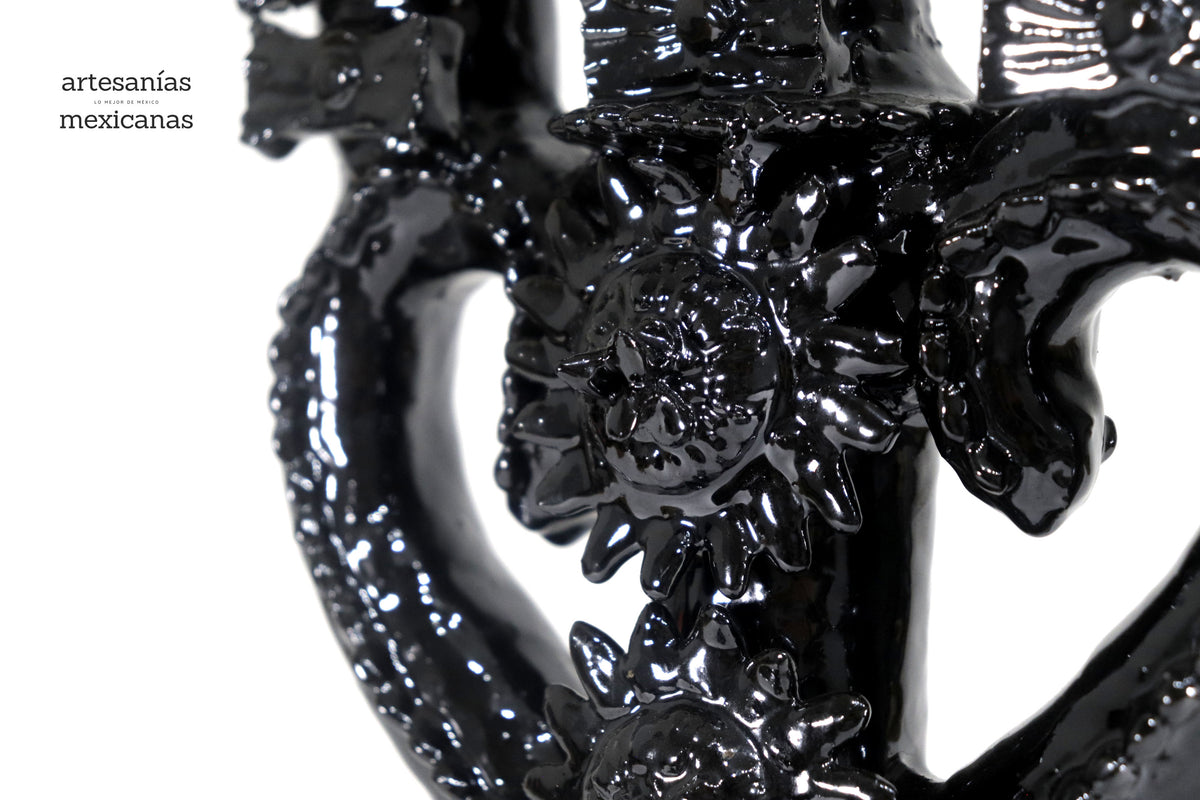 Candelero de 3 velas corazón Negro - 35 cm. - Barro vidriado