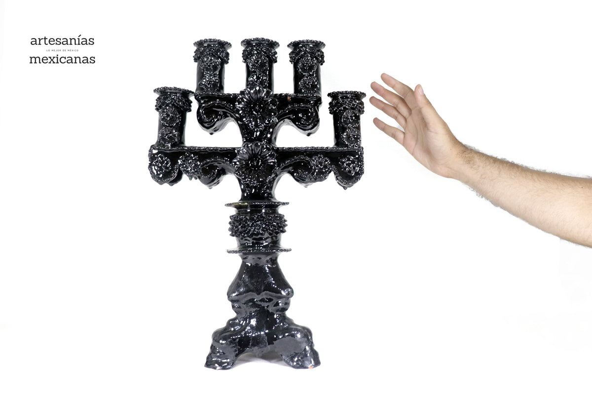 Candelero negro de 5 velas - Barro vidriado - 50 cm. 20 in.
