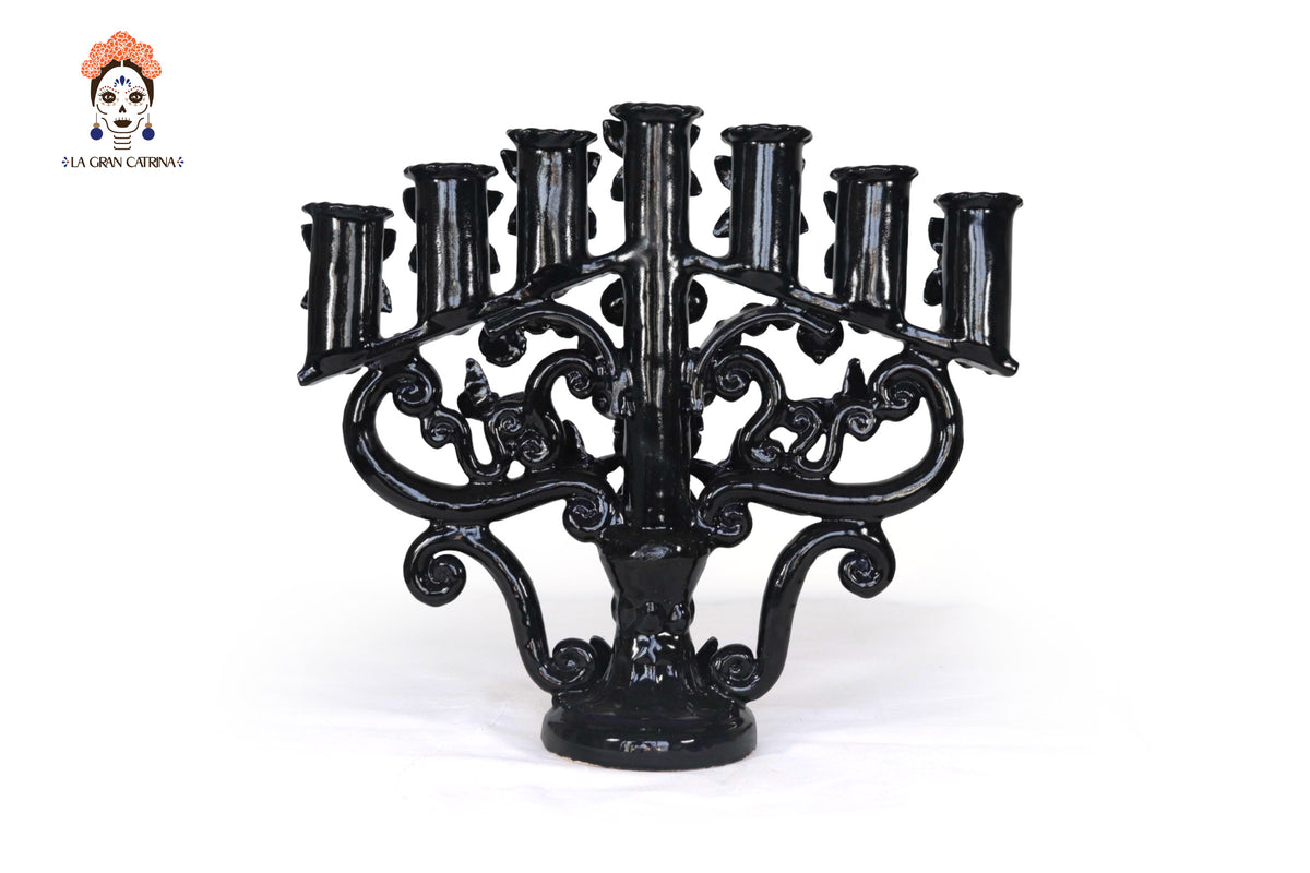 Candelero azul de 7 velas - Barro vidriado - 40 cm. 15.7 in.