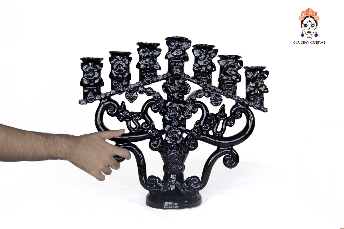 Candelero azul de 7 velas - Barro vidriado - 40 cm. 15.7 in.