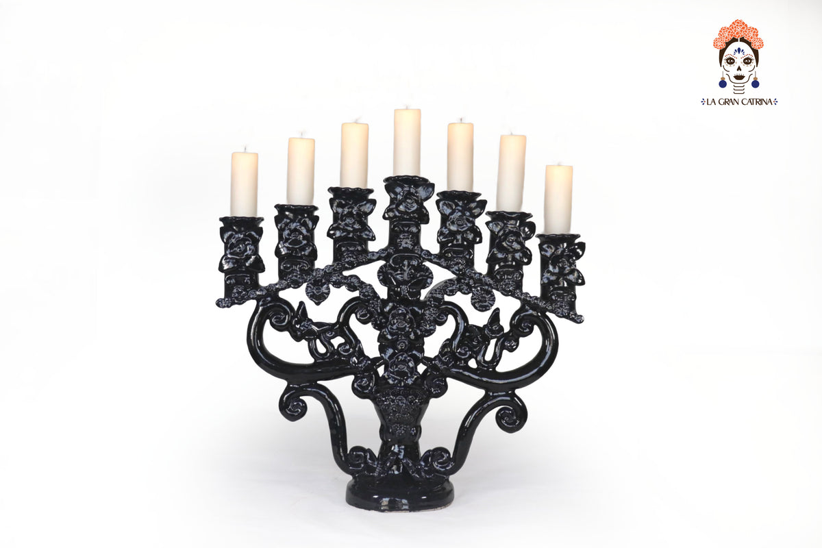 Candelero azul de 7 velas - Barro vidriado - 40 cm. 15.7 in.