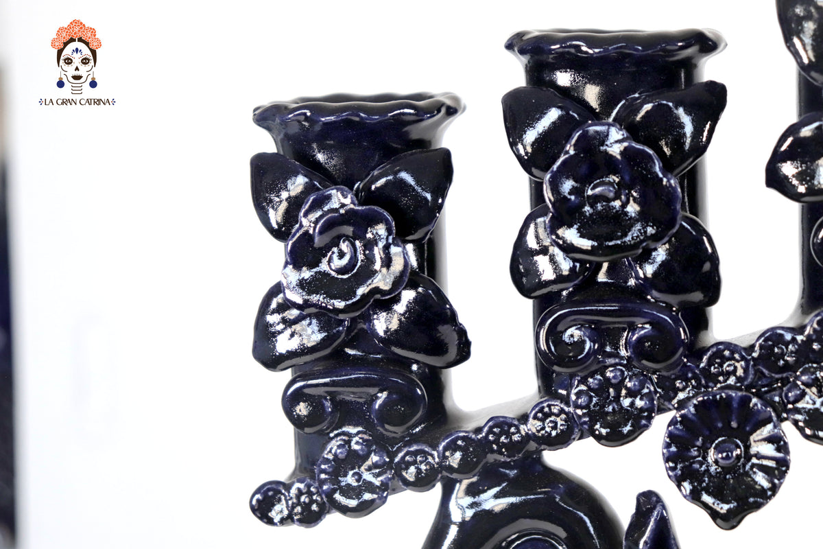 Candelero azul de 7 velas - Barro vidriado - 40 cm. 15.7 in.