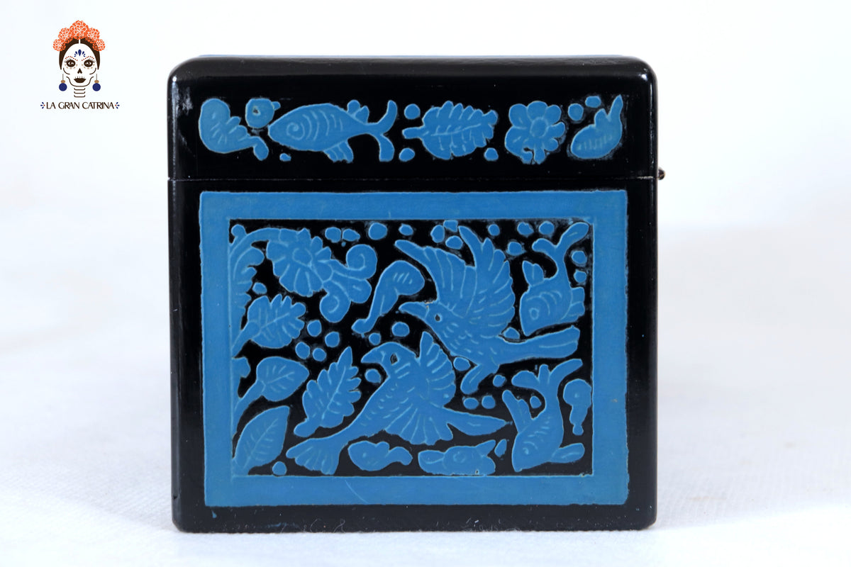 Caja de Olinalá Hecha a Mano – Baúl Decorativo Azul con Arte Floral Tradicional 33 cm. 12.9 in. Olinala