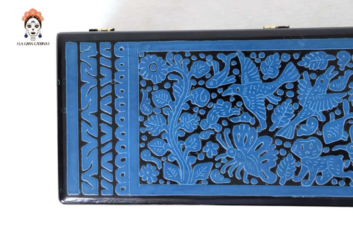 Caja de Olinalá Hecha a Mano – Baúl Decorativo Azul con Arte Floral Tradicional 33 cm. 12.9 in. Olinala