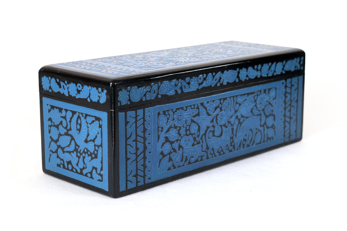 Caja de Olinalá Hecha a Mano – Baúl Decorativo Azul con Arte Floral Tradicional 33 cm. 12.9 in. Olinala