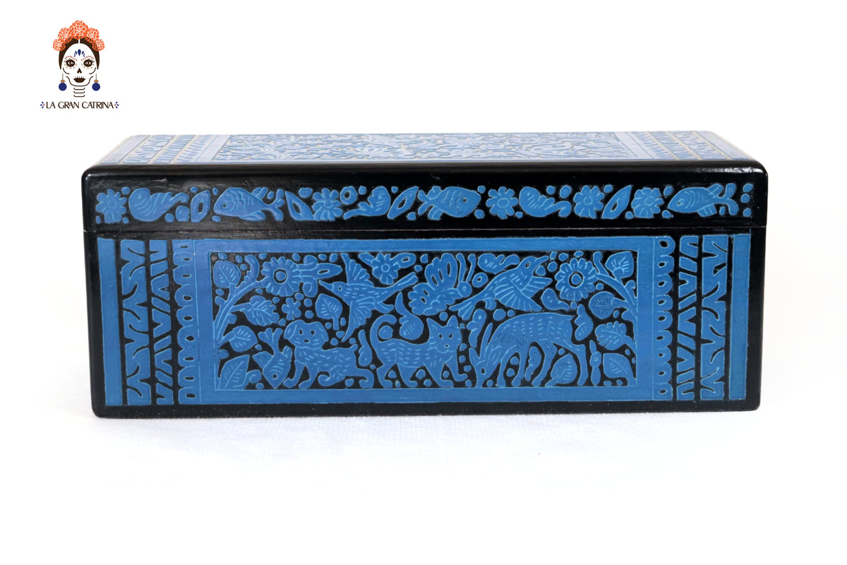 Caja de Olinalá Hecha a Mano – Baúl Decorativo Azul con Arte Floral Tradicional 33 cm. 12.9 in. Olinala