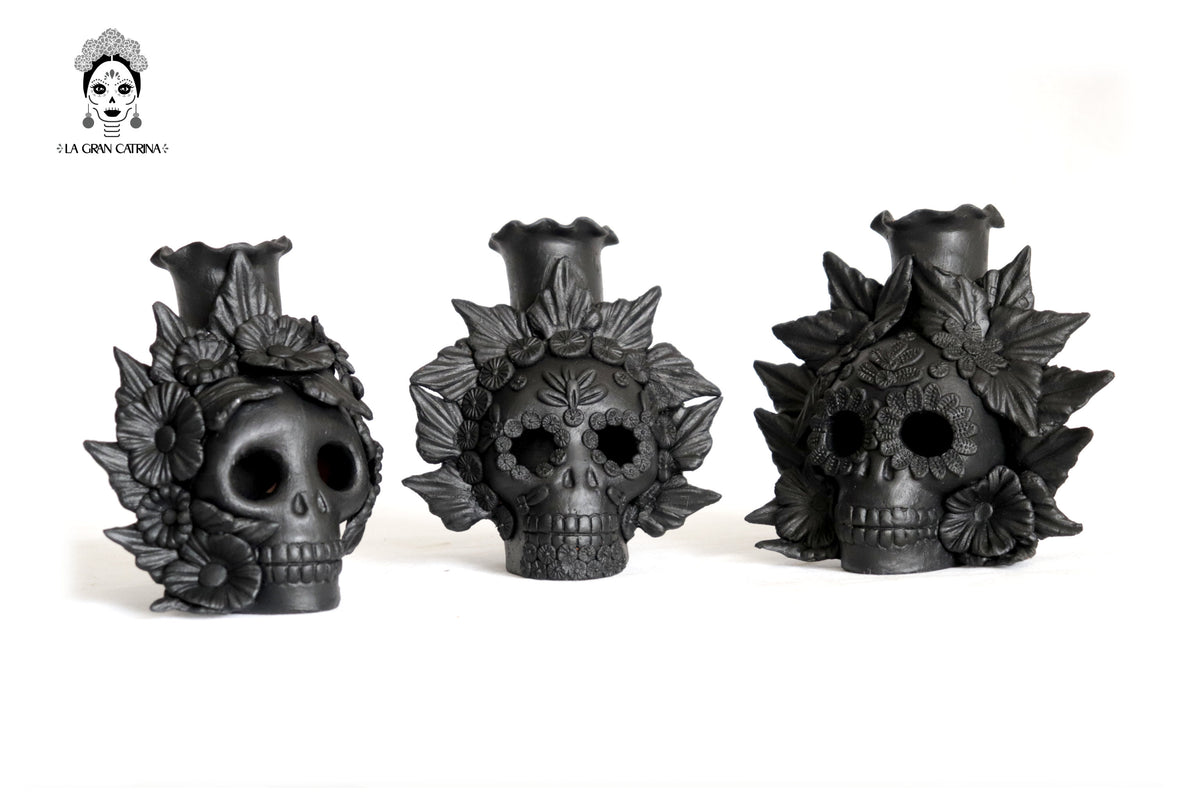 Trío de candeleros negros de Día de Muertos para 1 vela
