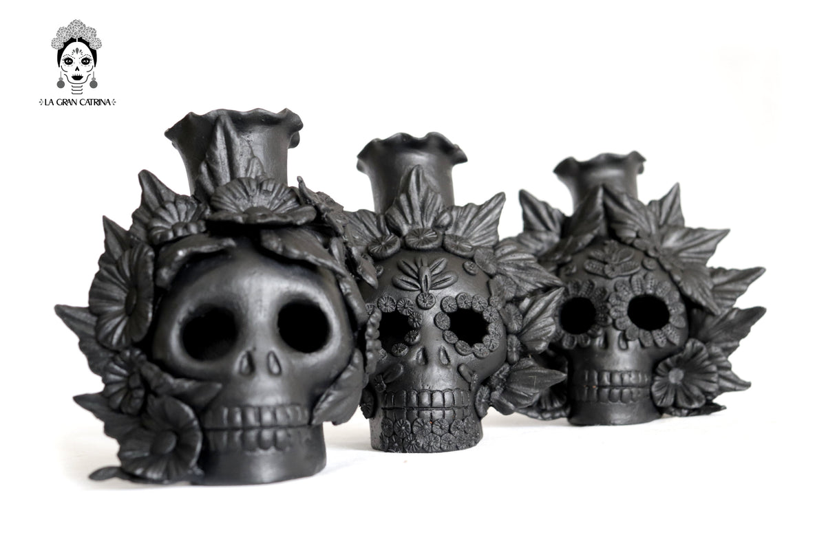 Trío de candeleros negros de Día de Muertos para 1 vela