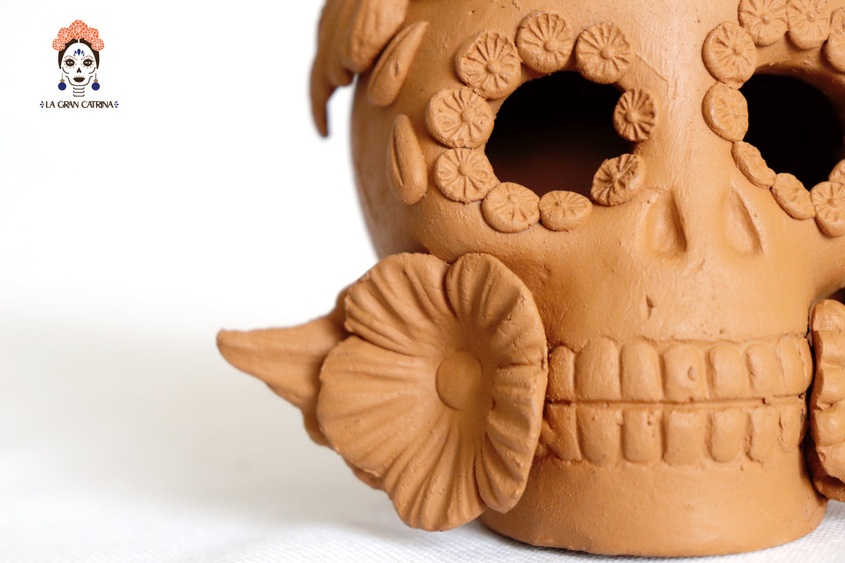 Trío de candeleros medianos naranjas de Día de Muertos para 1 vela