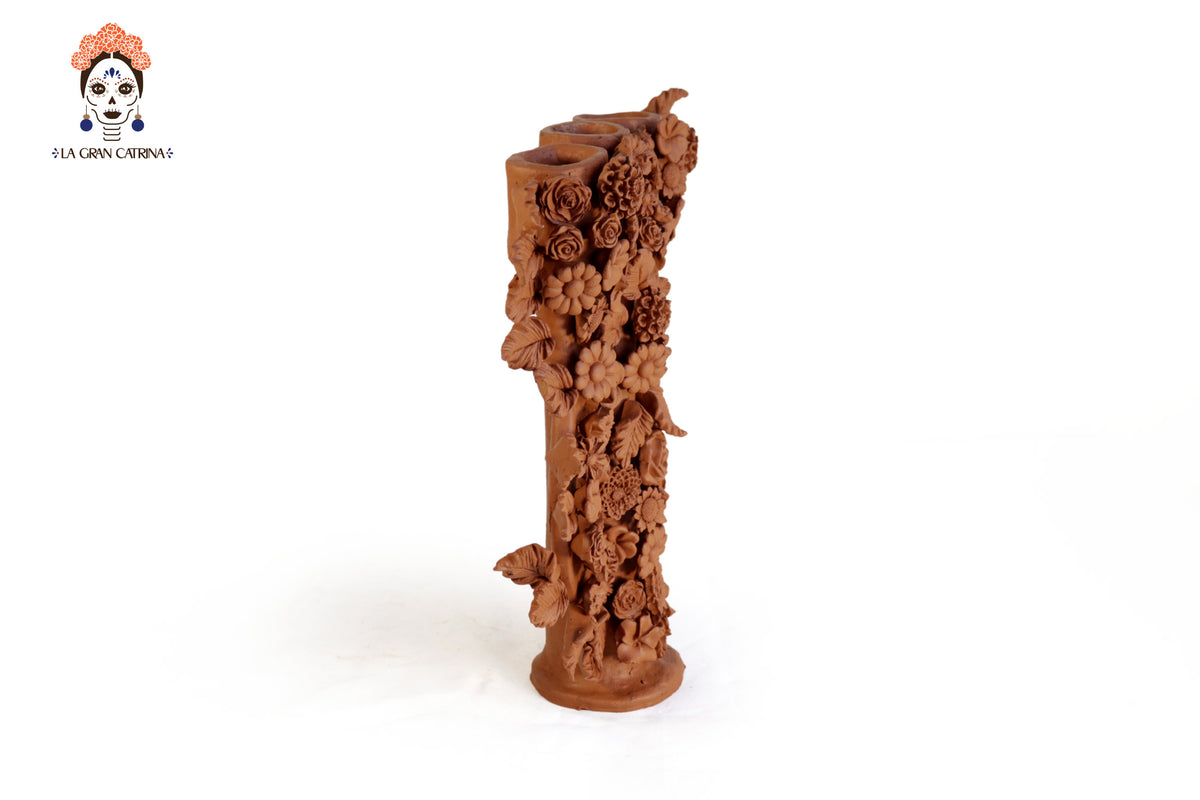 Candelabro Floral de Barro Natural 31.5 cm. 13.9 in.