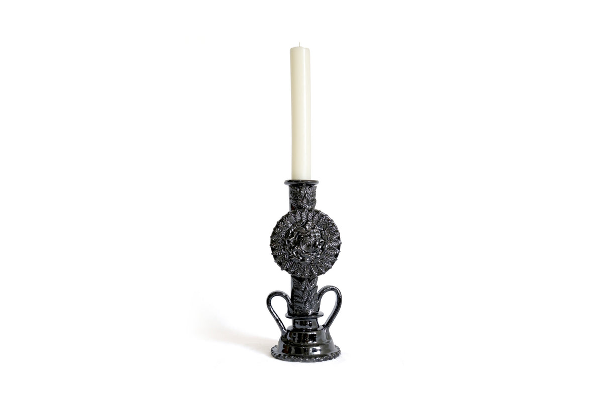 Candelero negro de 1 vela - Barro vidriado - 37.5 cm. 15 in.