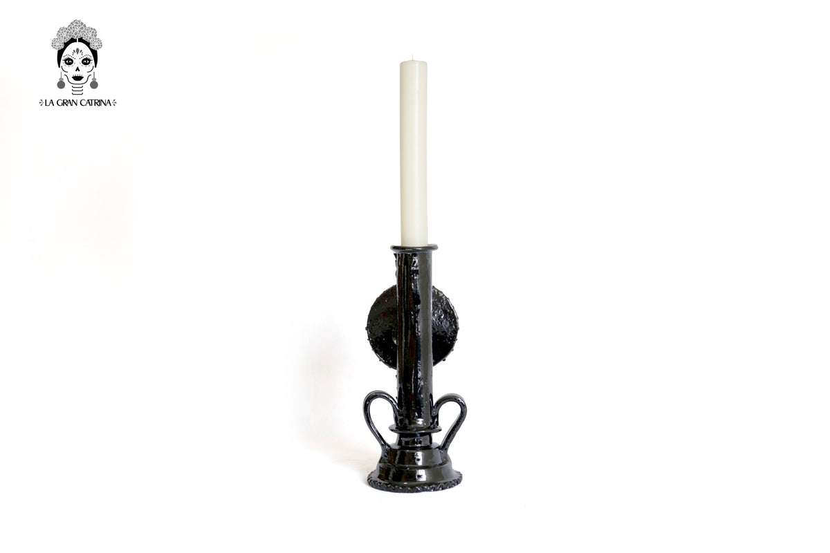 Candelero negro de 1 vela - Barro vidriado - 37.5 cm. 15 in.