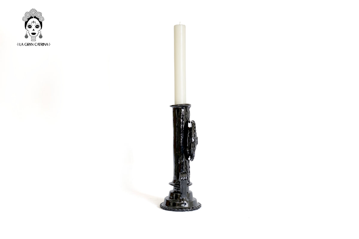 Candelero negro de 1 vela - Barro vidriado - 37.5 cm. 15 in.