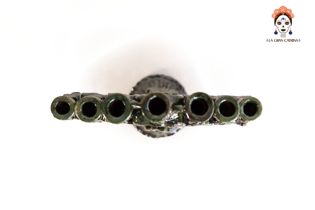 Candelero Verde de 7 velas - Barro Vidriado - 25 cm. 10 in.