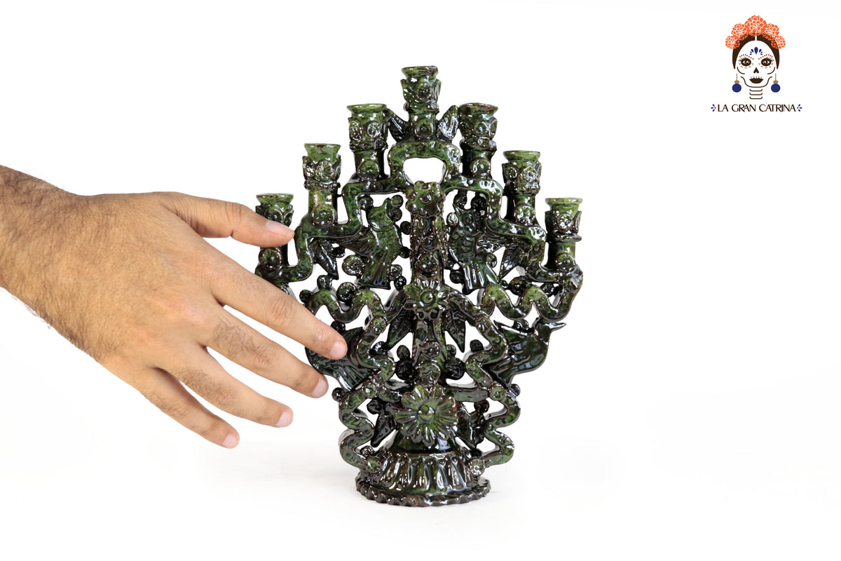 Candelero Verde de 7 velas - Barro Vidriado - 25 cm. 10 in.