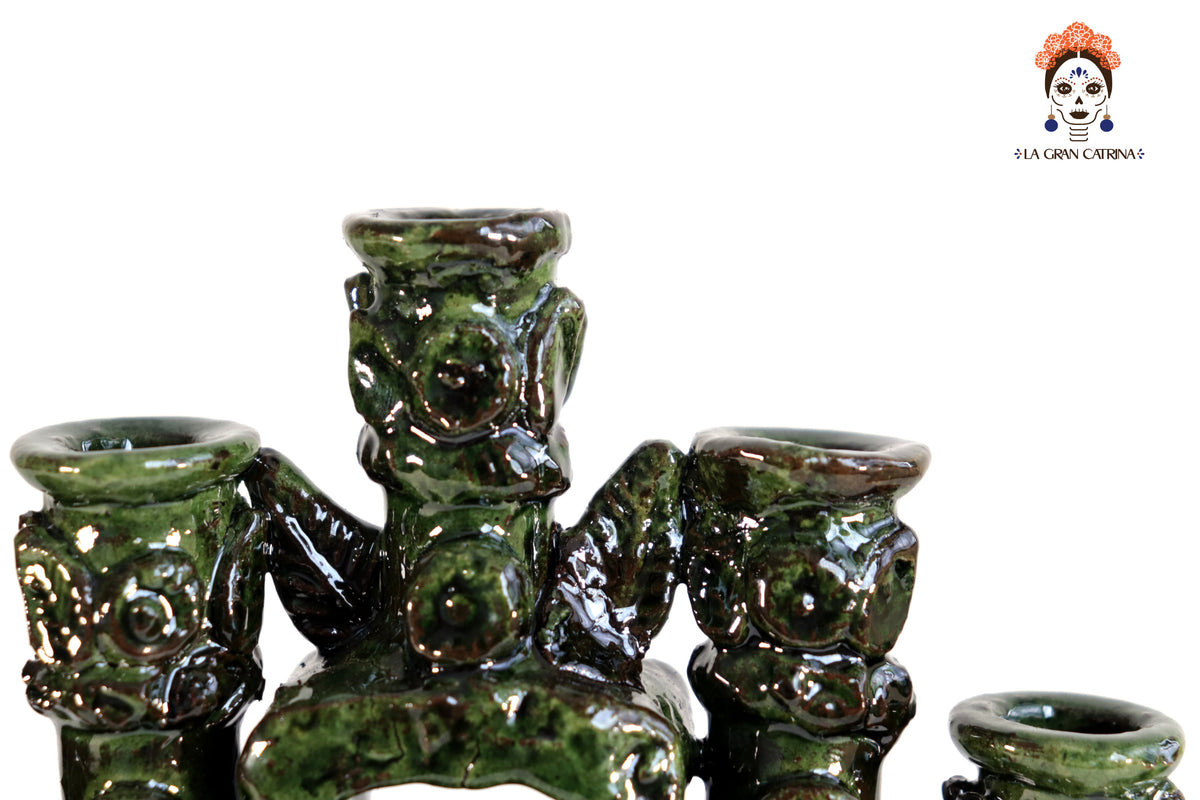 Candelero Verde de 7 velas - Barro Vidriado - 25 cm. 10 in.
