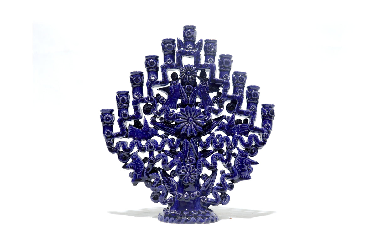 Candelero azul de 11 velas - Barro vidriado - 32 cm. 13 in.