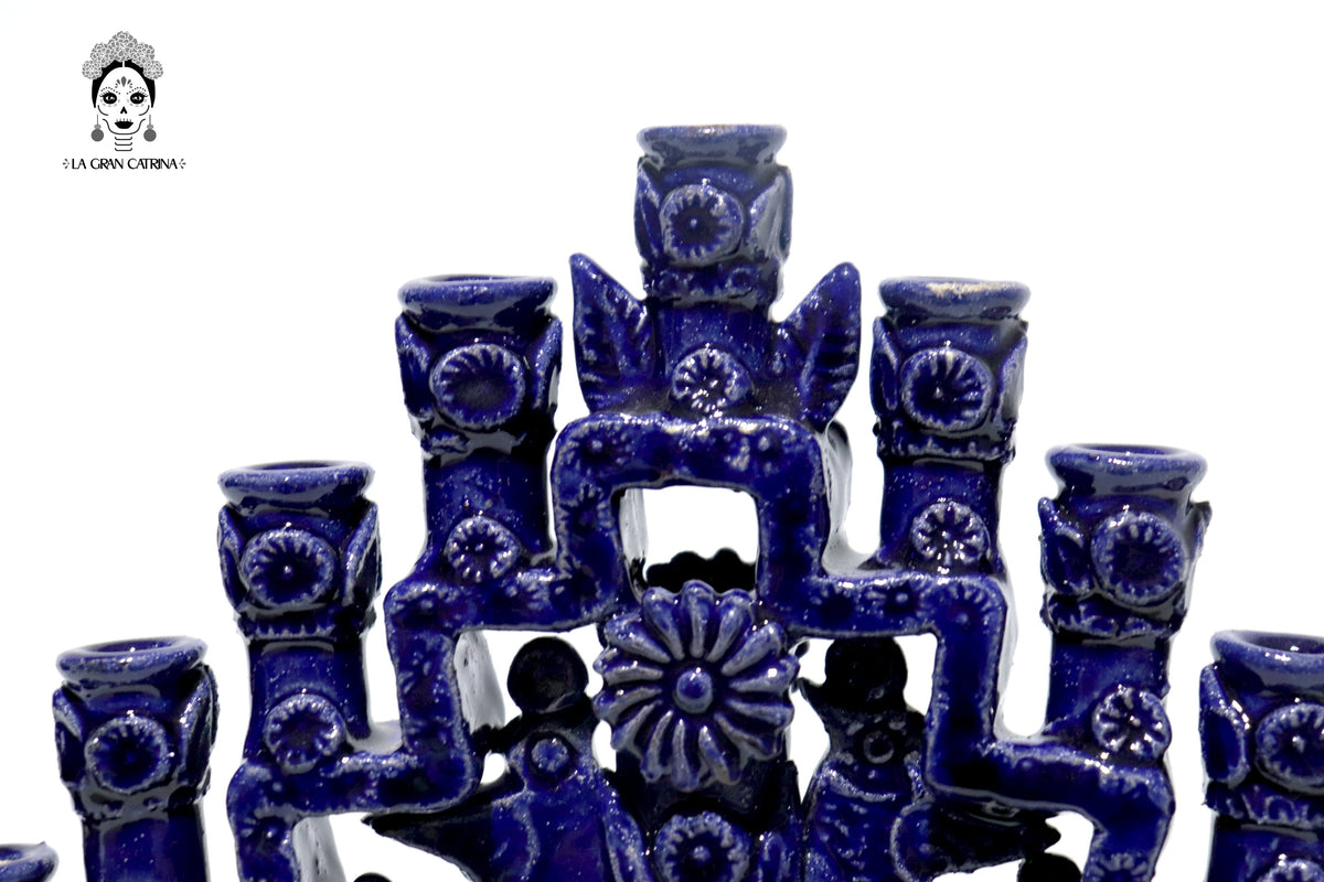 Candelero azul de 11 velas - Barro vidriado - 32 cm. 13 in.