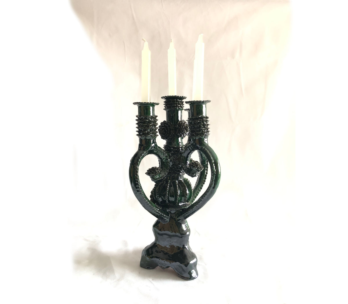 Candelero verde de 4 velas - Barro vidriado - 45 cm. 18 in.