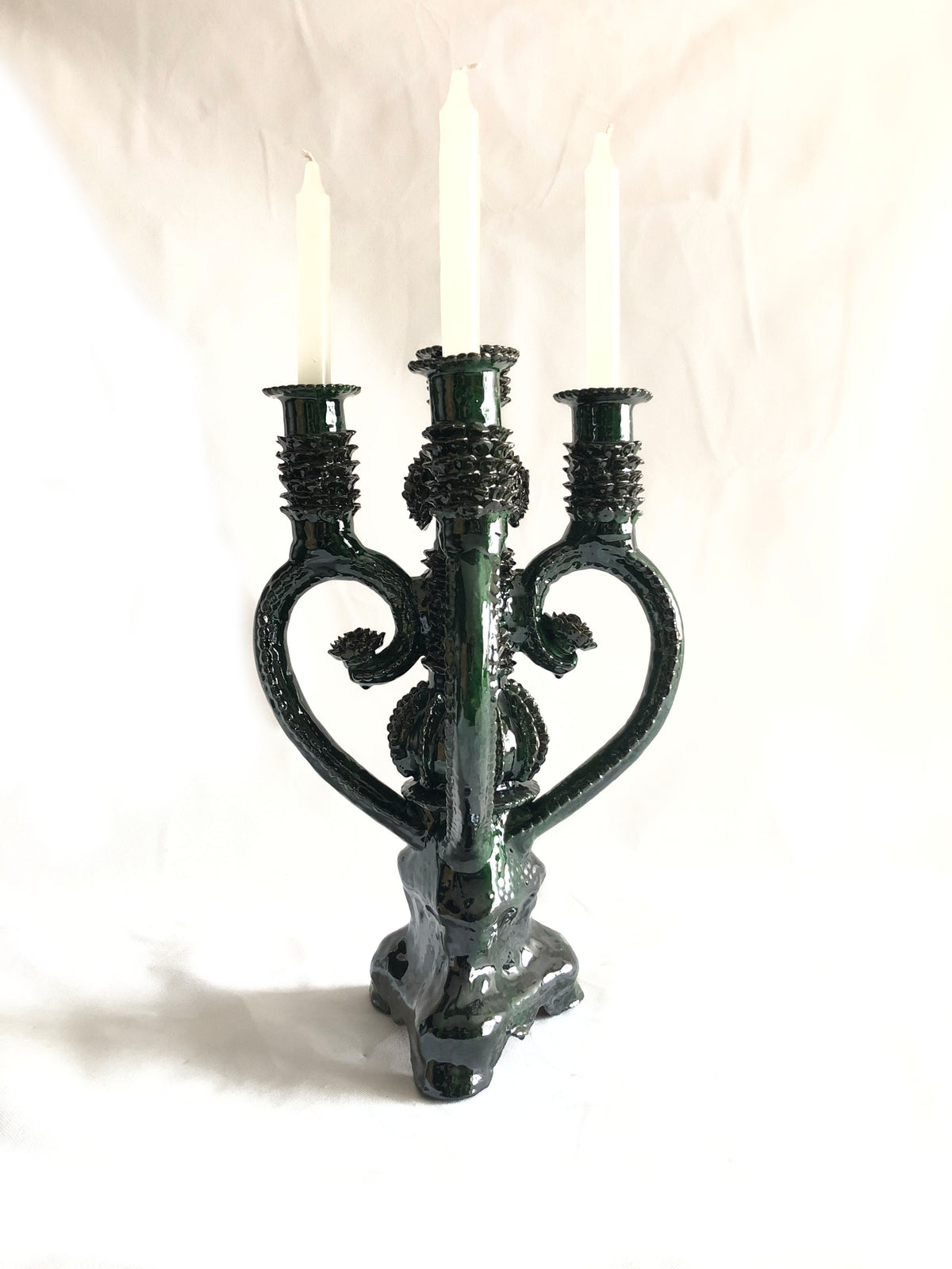 Candelero verde de 4 velas - Barro vidriado - 45 cm. 18 in.