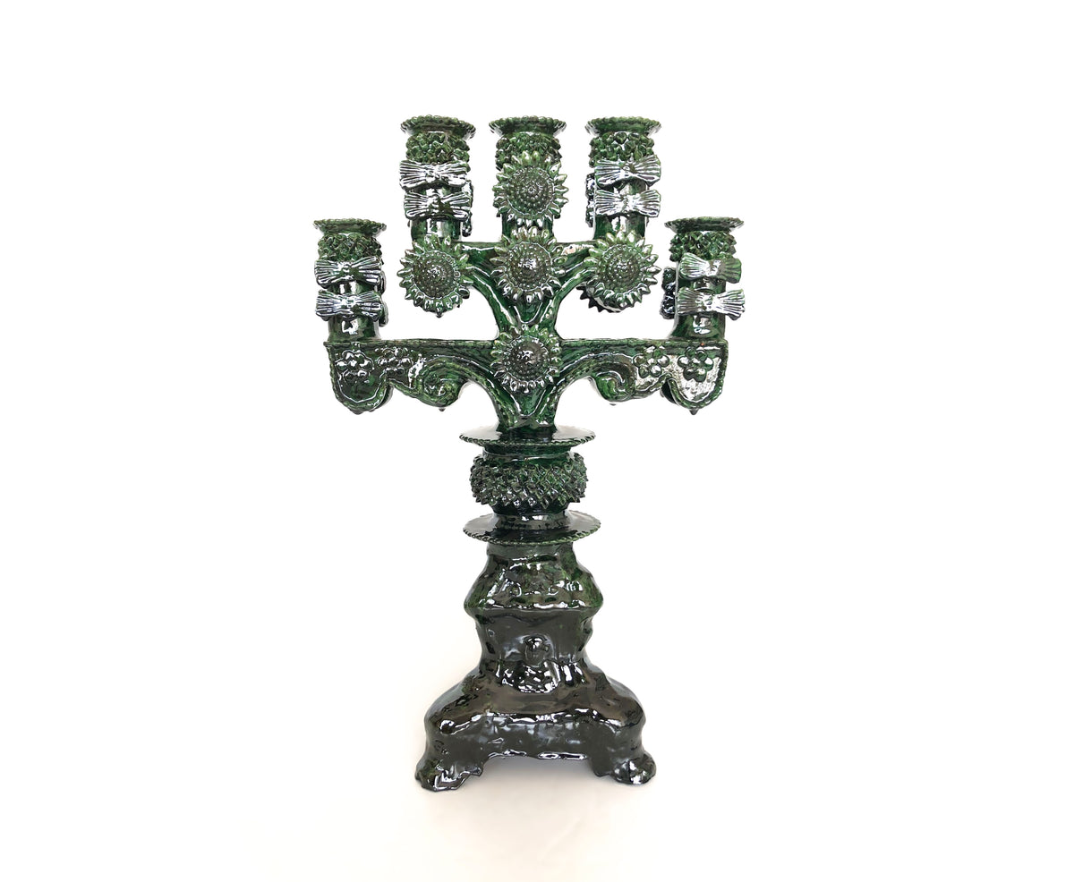 Candelero verde de 5 velas - Barro vidriado - 50 cm. 20 in.