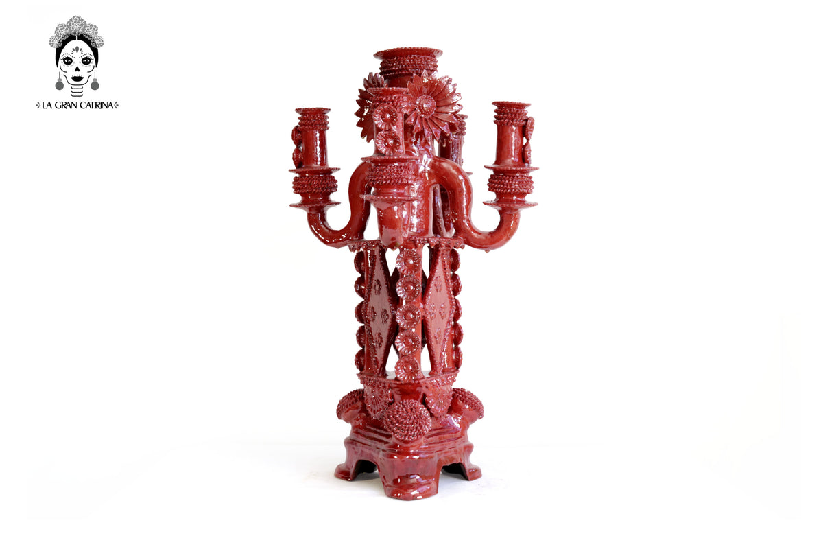 Candelero de 5 velas 66 cm. 25.9 in. - Rojo de flores - Barro vidriado