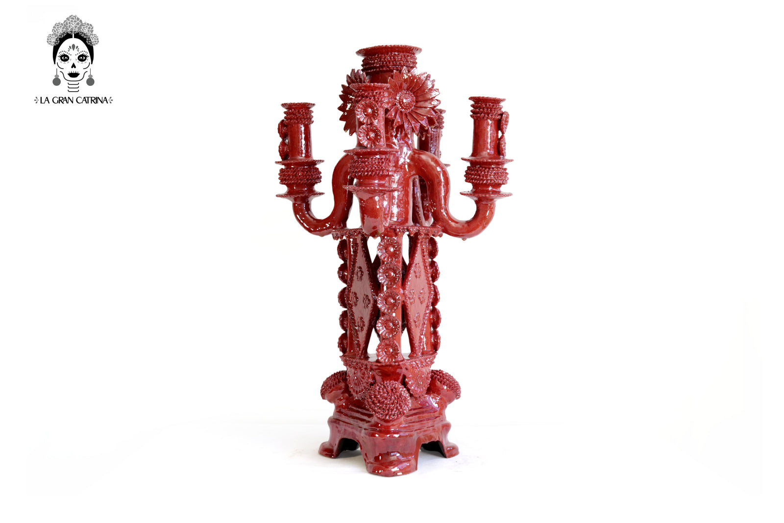 Candelero de 5 velas 66 cm. 25.9 in. - Rojo de flores - Barro vidriado Candelabros