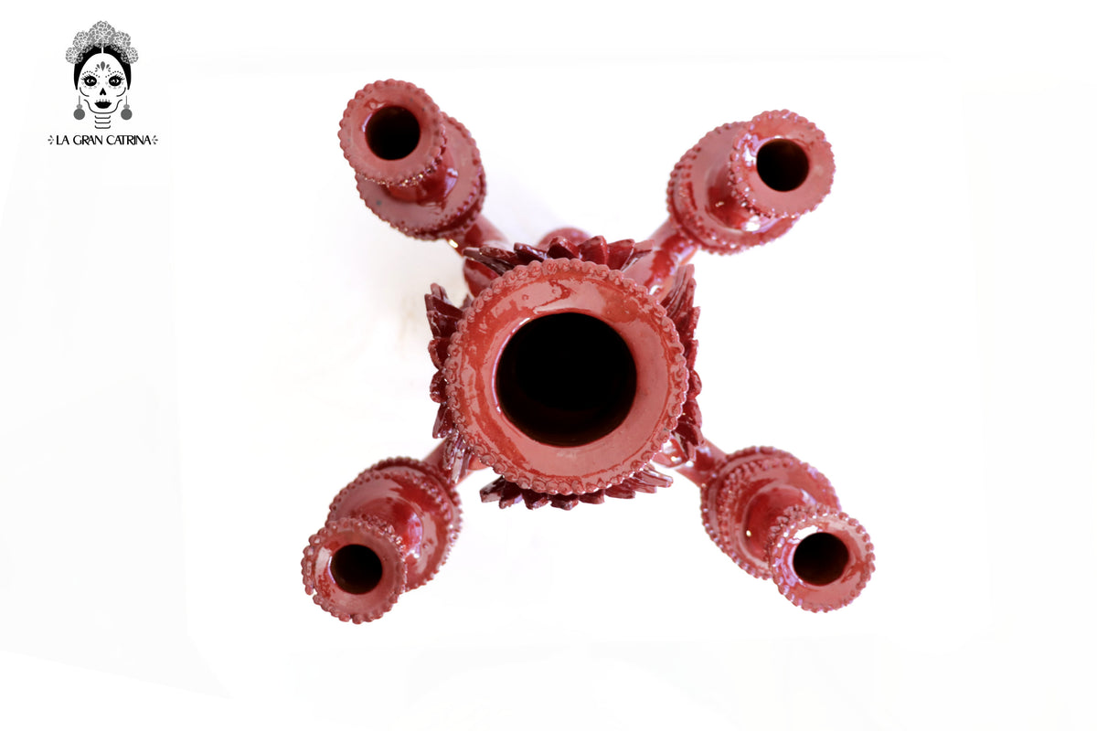 Candelero de 5 velas 66 cm. 25.9 in. - Rojo de flores - Barro vidriado