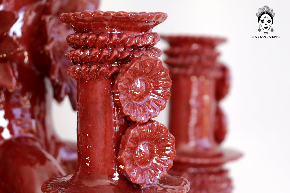 Candelero de 5 velas 66 cm. 25.9 in. - Rojo de flores - Barro vidriado