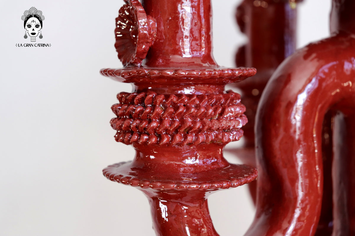 Candelero de 5 velas 66 cm. 25.9 in. - Rojo de flores - Barro vidriado