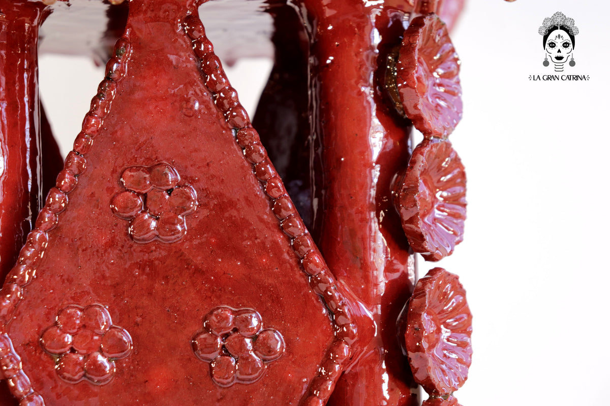 Candelero de 5 velas 66 cm. 25.9 in. - Rojo de flores - Barro vidriado