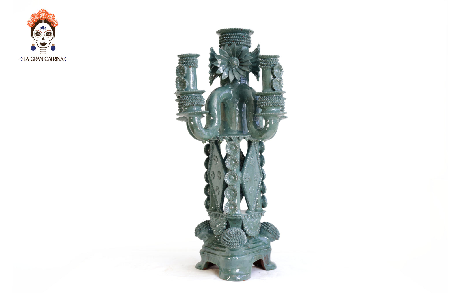 Candelero de 5 velas 66 cm. 25.9 in. - Turquesa de flores - Barro vidriado Candelabros