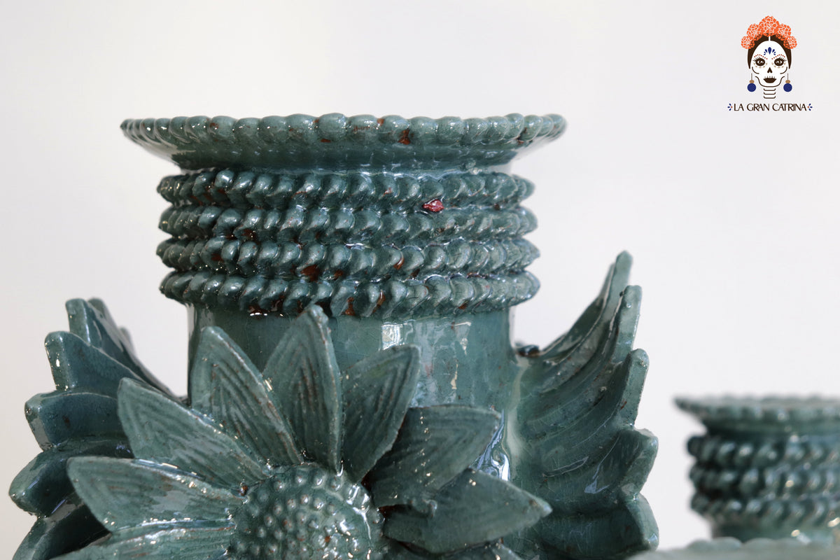 Candelero de 5 velas 66 cm. 25.9 in. - Turquesa de flores - Barro vidriado