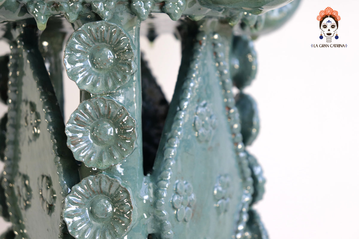 Candelero de 5 velas 66 cm. 25.9 in. - Turquesa de flores - Barro vidriado