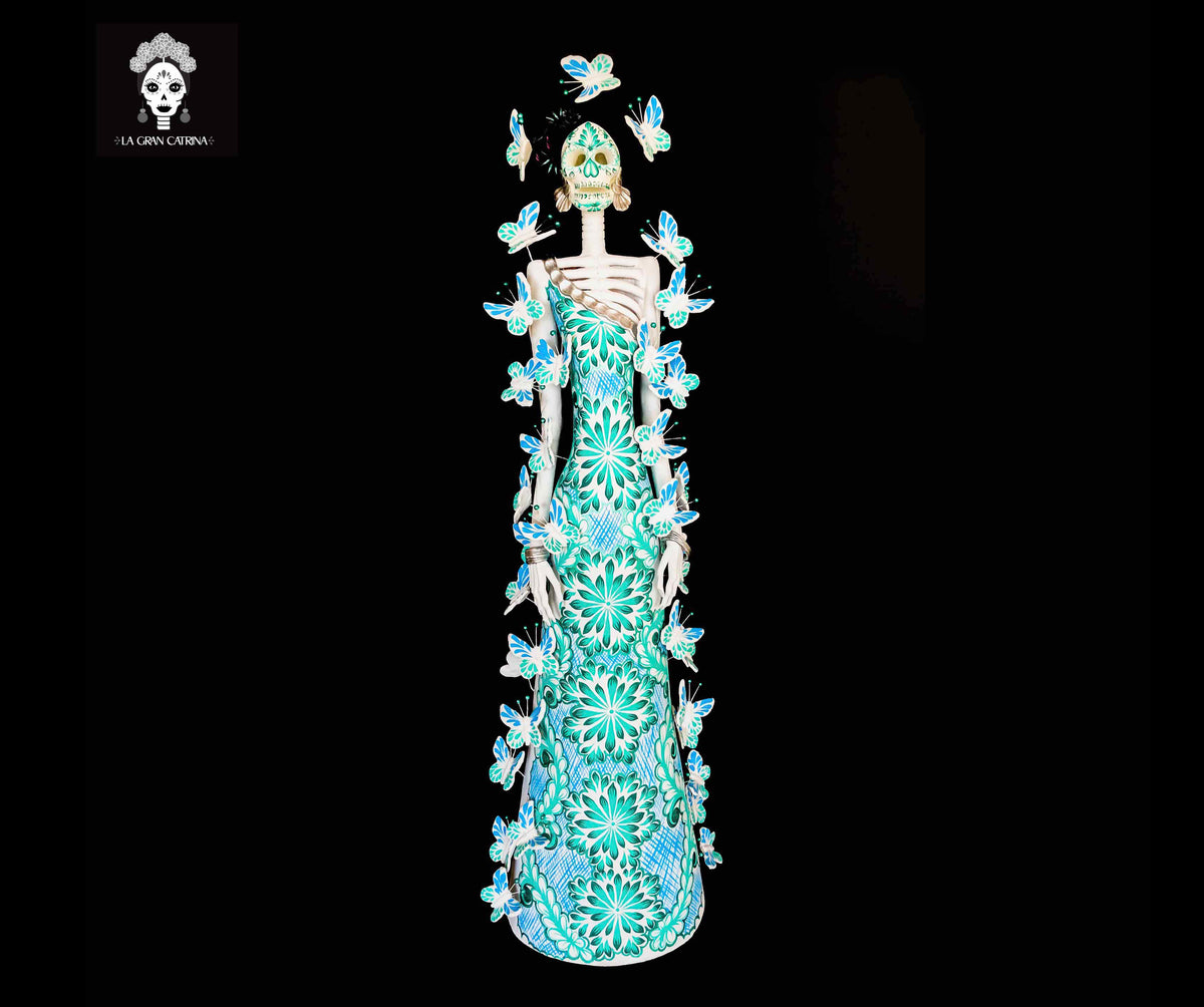 Catrina blanca con mariposas turquesas - 100 cm. 40 in.