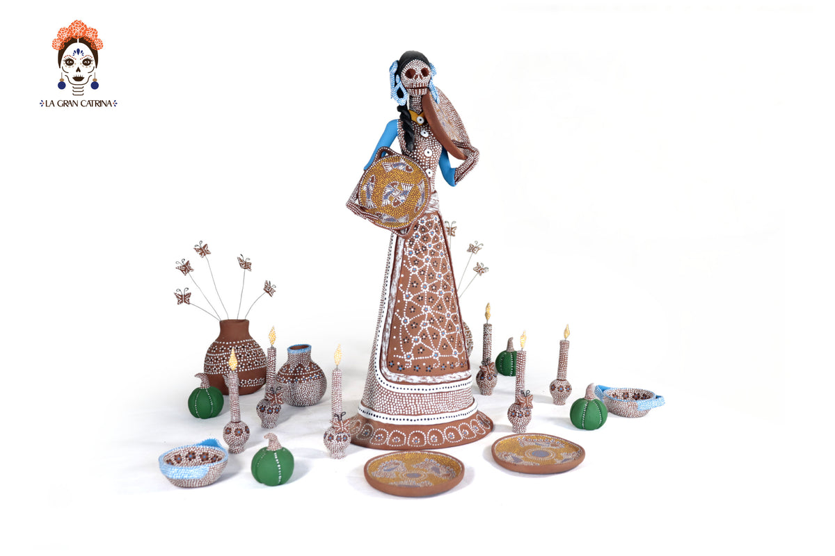 Catrina Punteada Ceremonial de Barro y Set de Altar - 39 cm. 15.3 in.