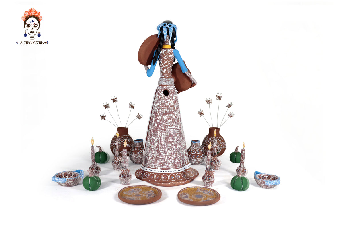 Catrina Punteada Ceremonial de Barro y Set de Altar - 39 cm. 15.3 in.