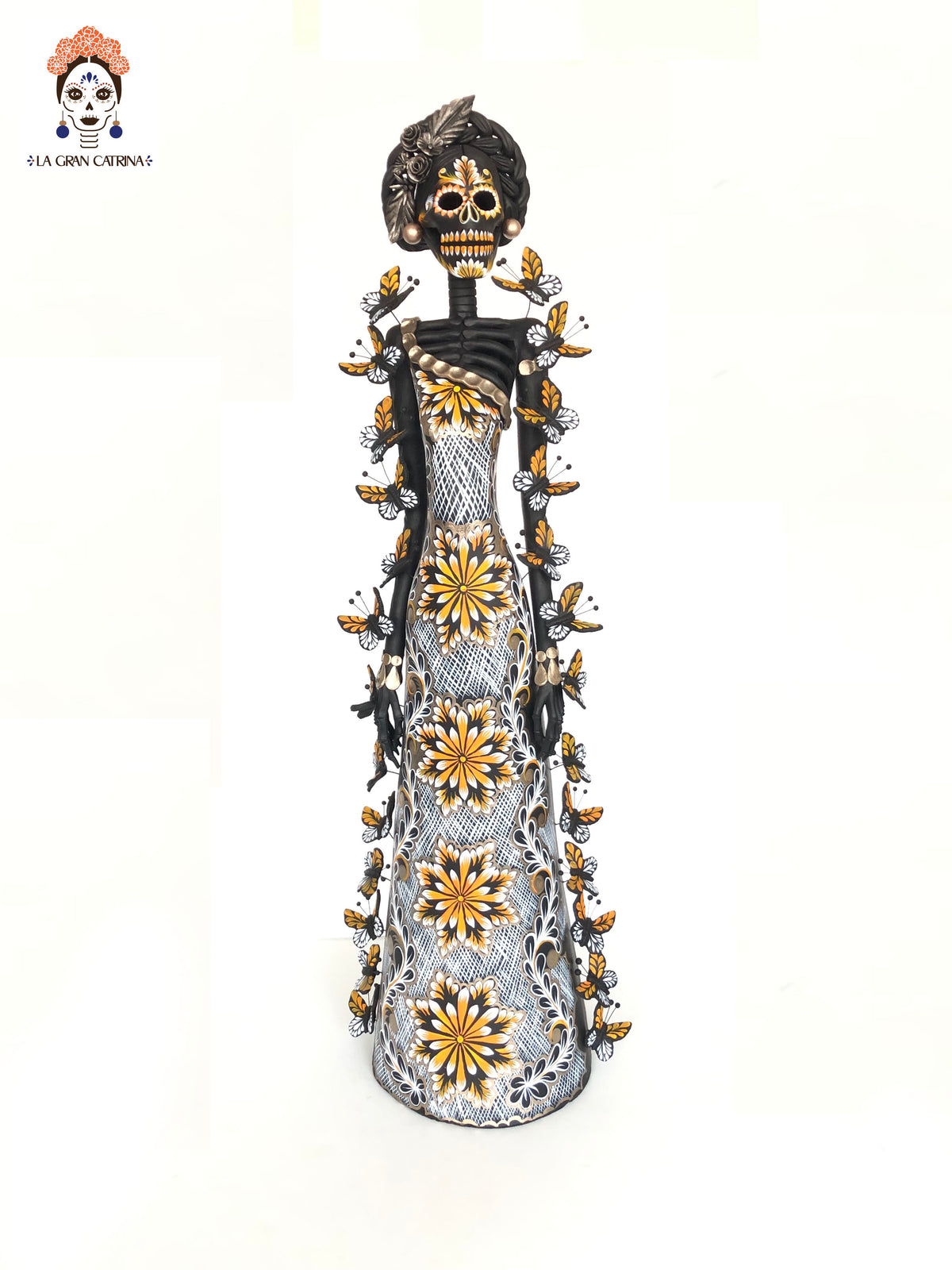 Catrina negra con mariposas naranjas - 100 cm. 40 in.