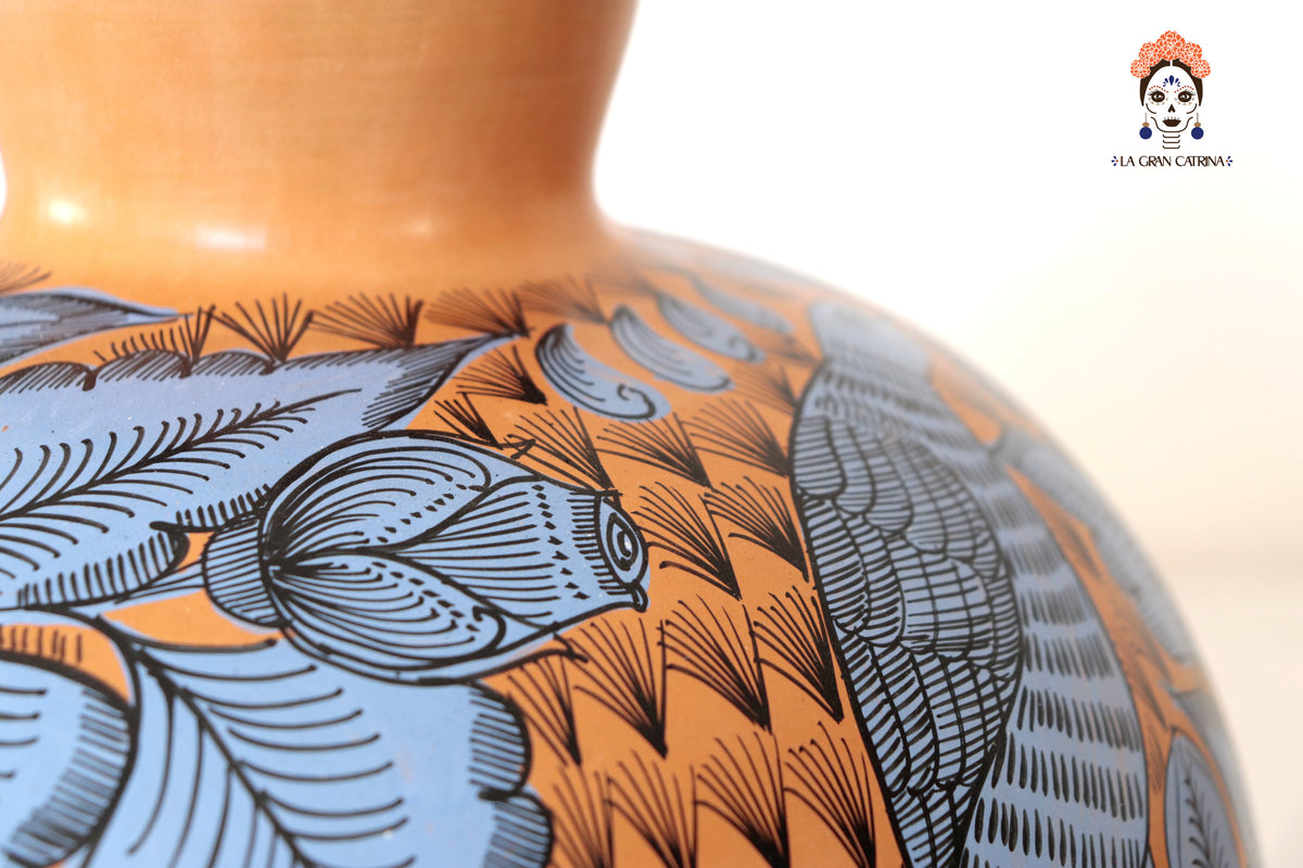 Jarrón de aves azul y naranja - Huancito - 38 cm. 14.9 In.
