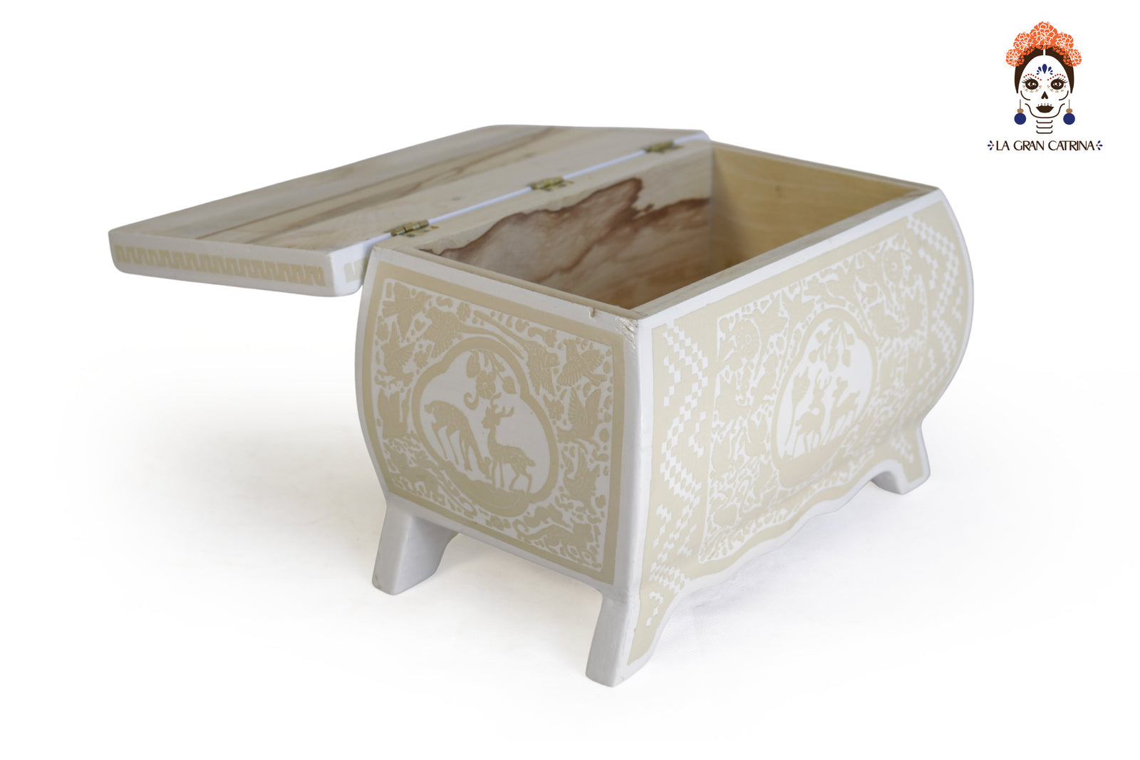 Caja Artesanal Pequeña con patas de Olinalá Blanca - 17.5 cm. 6.8 in. Olinala